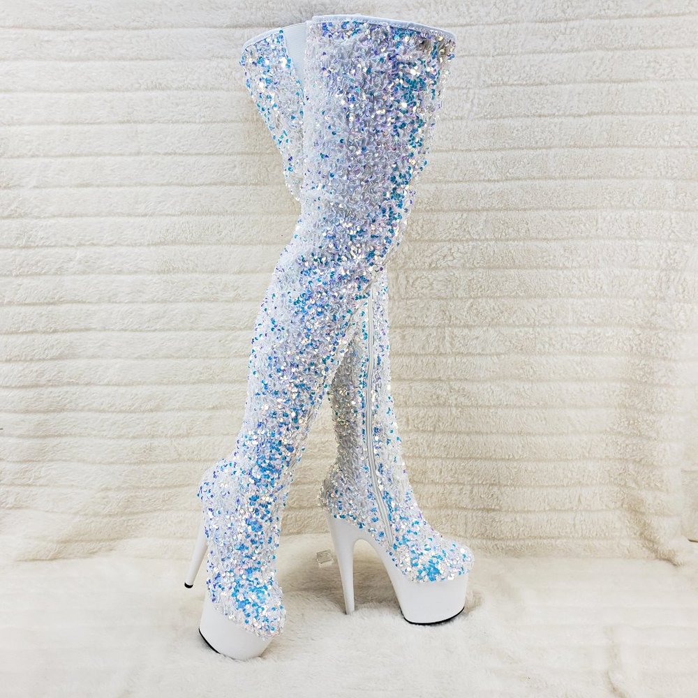 White Ice Multi Stretch Sequin Platform 7" Heels Thigh High Boots 3020 - Picture 8 of 13